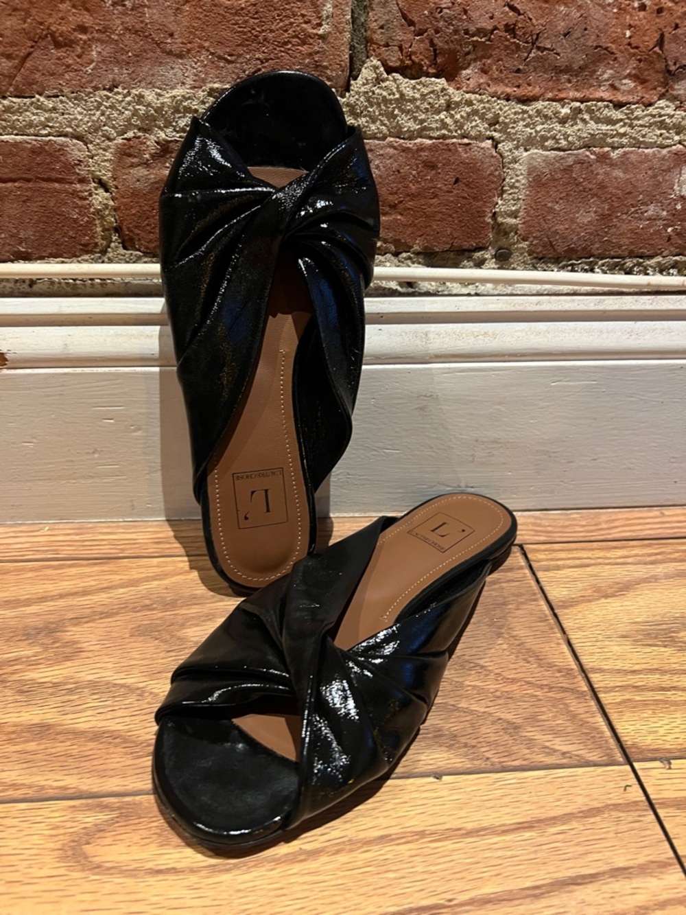 Black Knotted Patent Slide Mules - Women's